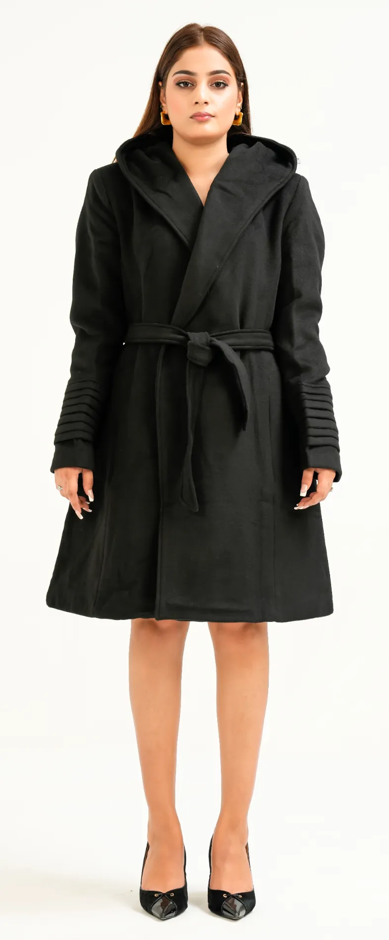 Alpaca Hooded Wrap Coat - Black