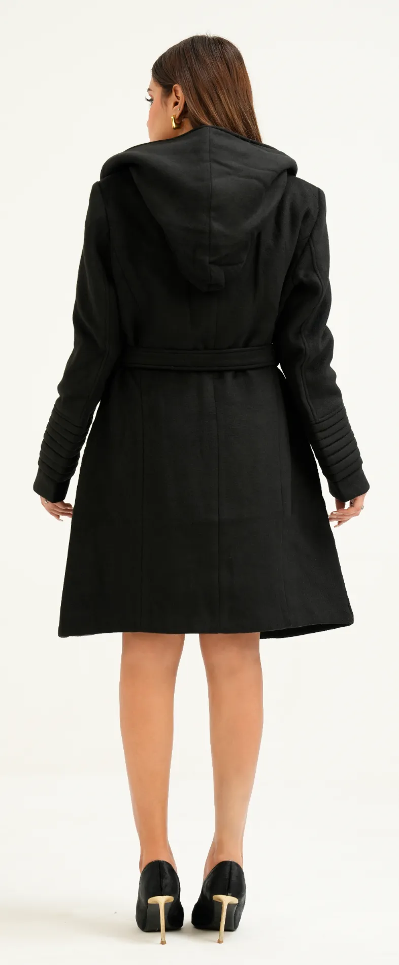 Alpaca Hooded Wrap Coat - Black - Image 2