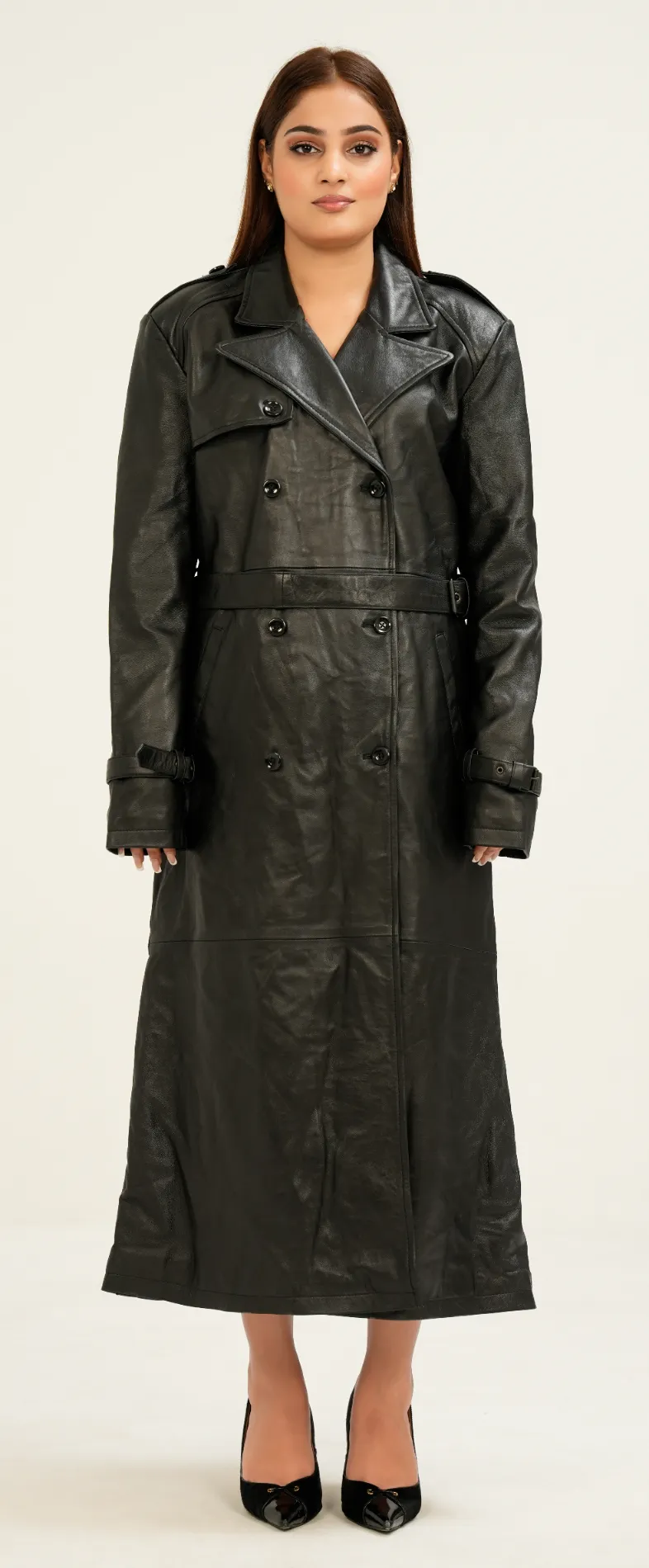 Women's Long Leather Trench Coat - Style 8th