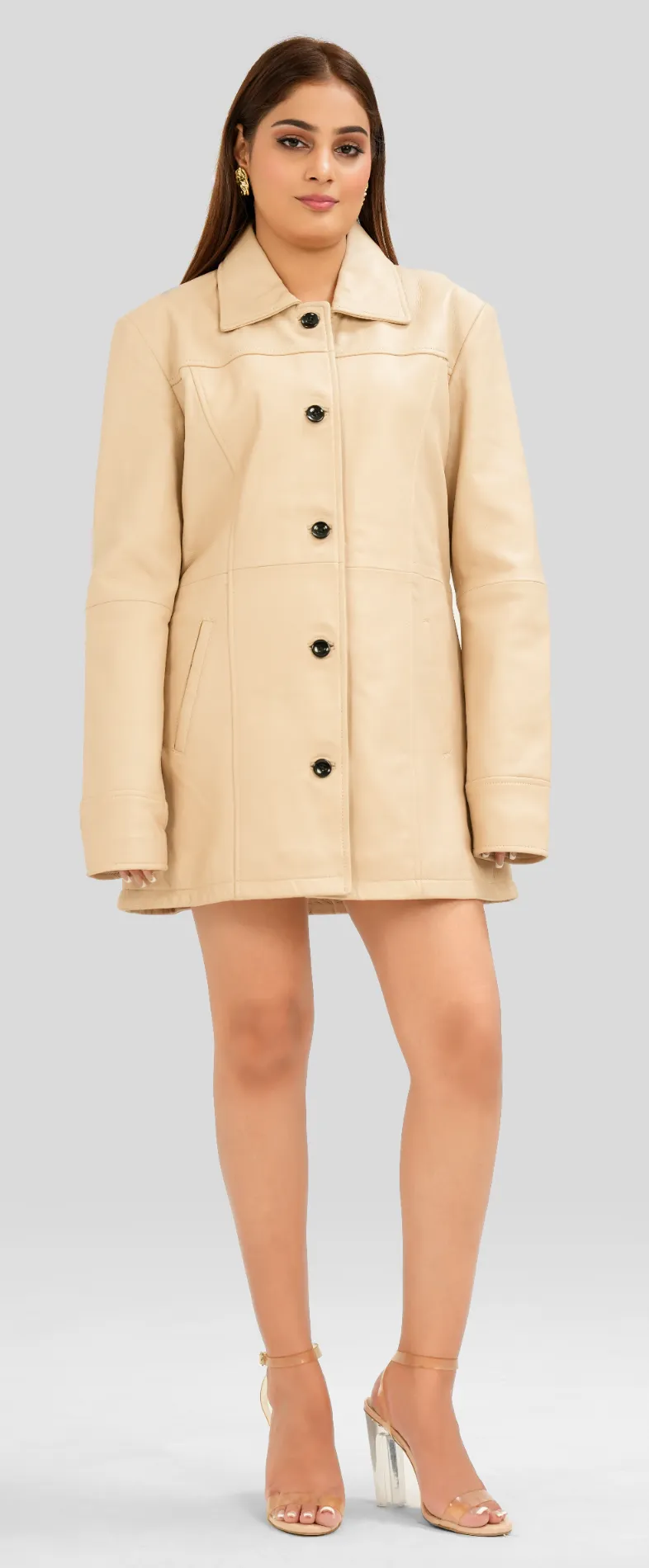 Women's Beige Leather Car Coat - Style 7th