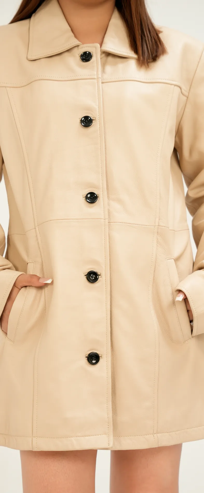 Women's Beige Leather Car Coat - Style 7th - Image 3