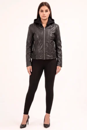 Women's Leather Jacket with Hood-Style 3B