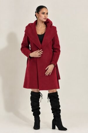 Alpaca Hooded Wrap Coat - Maroon